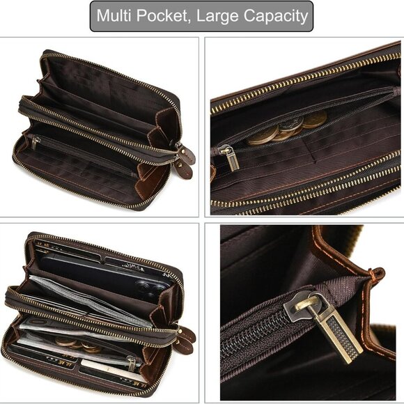 Multi-Functional Genuine Leather Wallet for Men - Compact Dual-Zippered Design - Picture 4 of 9